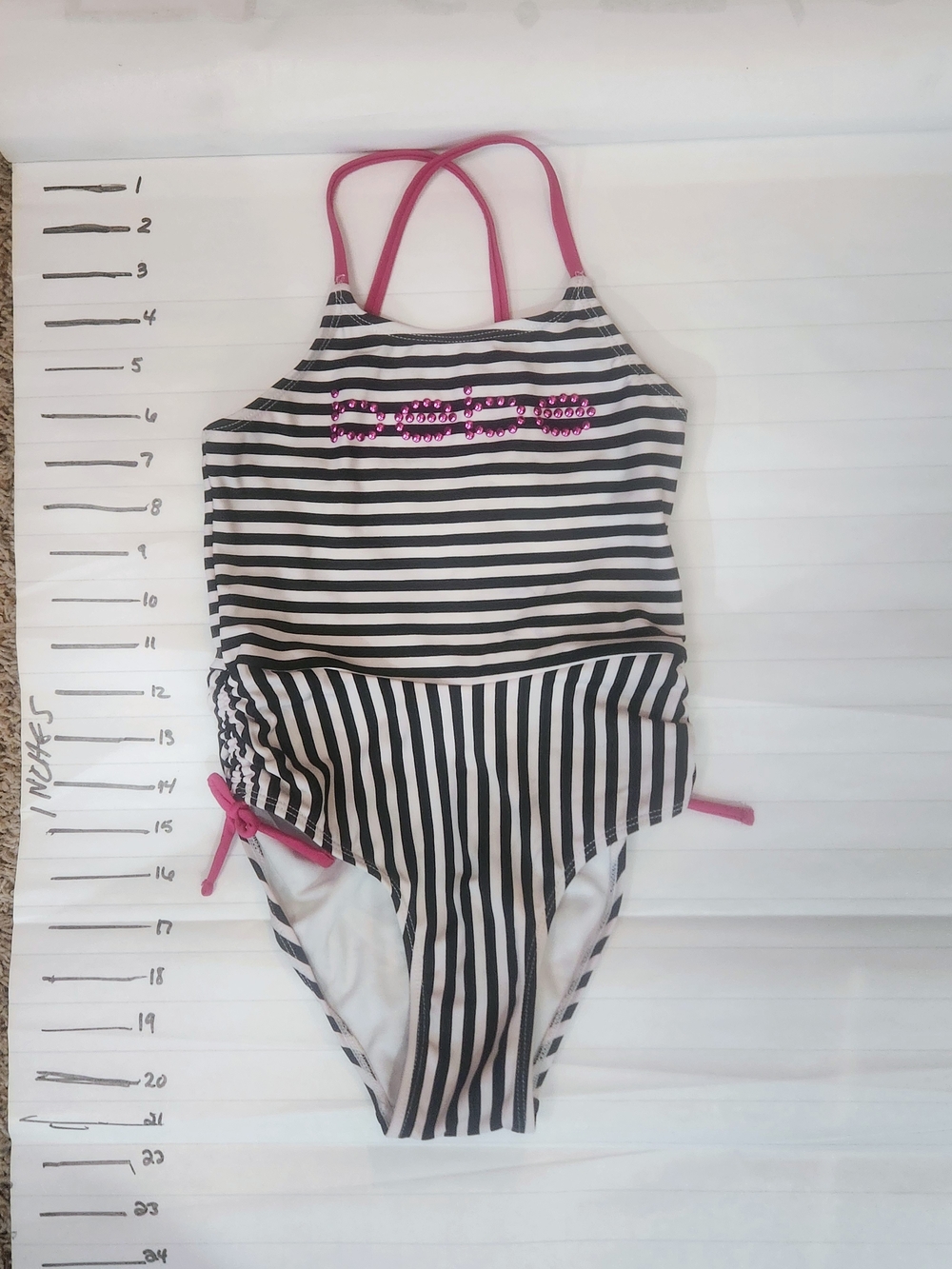BEBE Black & White Striped One-Piece Swimsuit with Pink Accents